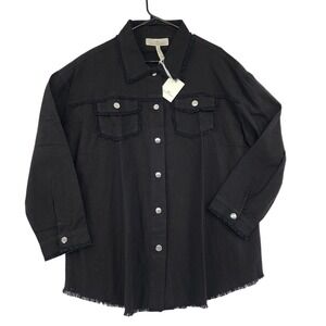 Crown Linen Designs Utility Shirt Shacket sz L Women Black Snaps Frayed Boho NEW